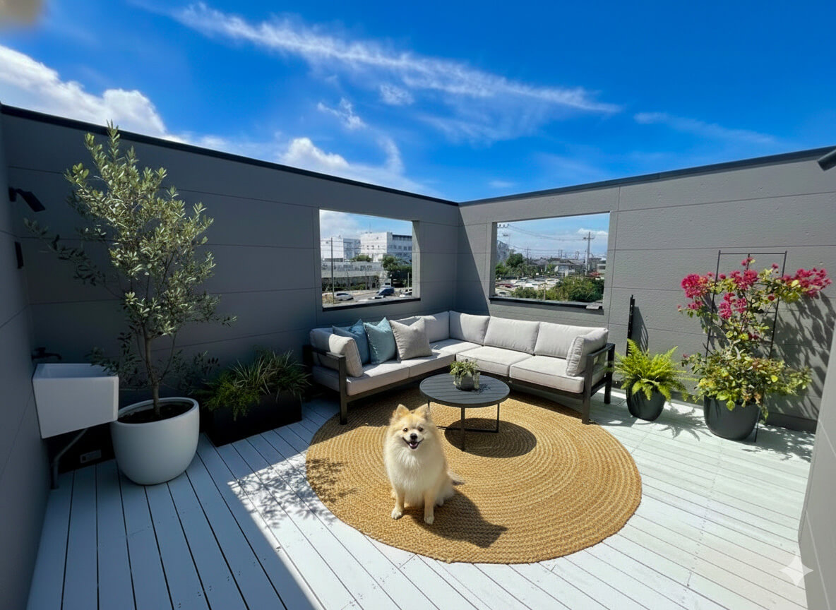 屋上テラスに子犬と植物と家具が置かれた画像